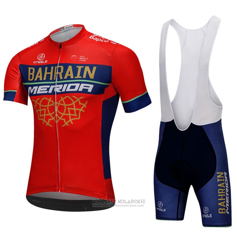 2018 Odziez Rowerowa Bahrain Merida Czerwony Krotkie Rekawy i Rowerowe Szelkach